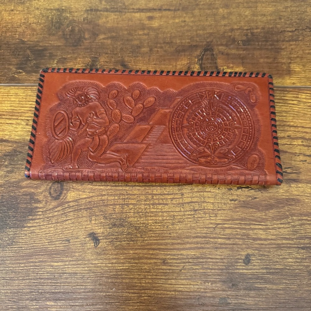 Hand Tooled Brown Leather Aztec Calendar Long‎ Wallet